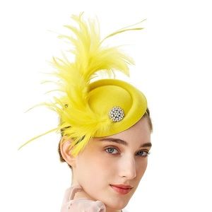 Yellow feather hat, pearl & gold accents, perfect for Kentucky Derby or high tea